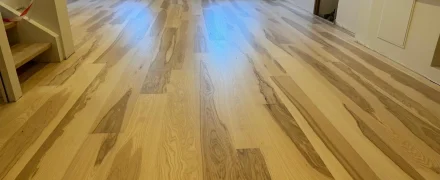 Après : Parquet en frêne rénové avec finition claire